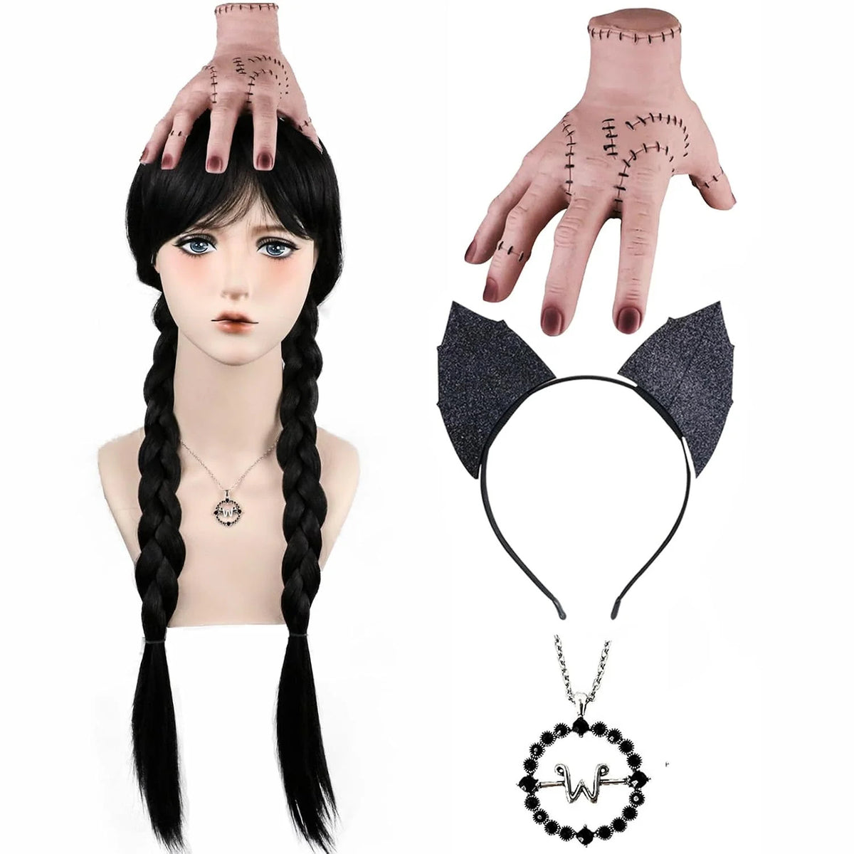 Wednesday Addams Costume Wig Set with Hand Necklace & Headband - Black Braided Cosplay