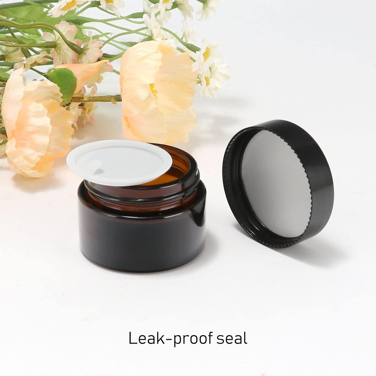 1 oz Amber Glass Jars with Black Lids – 24 Pack Cosmetic Storage Containers