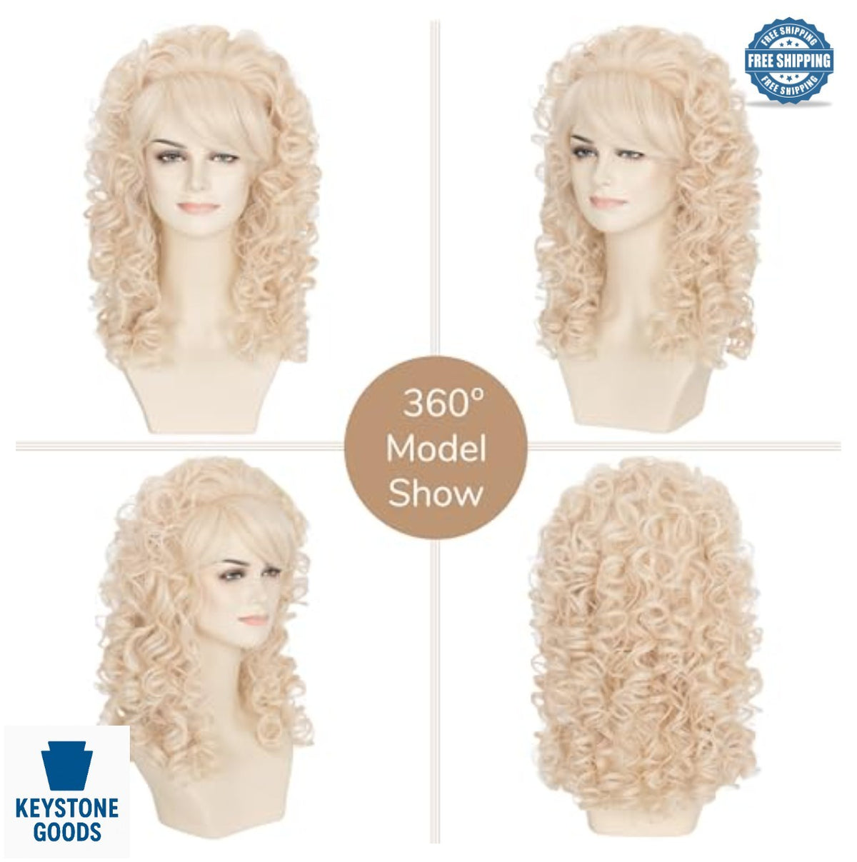 Long Curly Blonde Beehive Wig with Bangs for 60s 80s Costumes Halloween