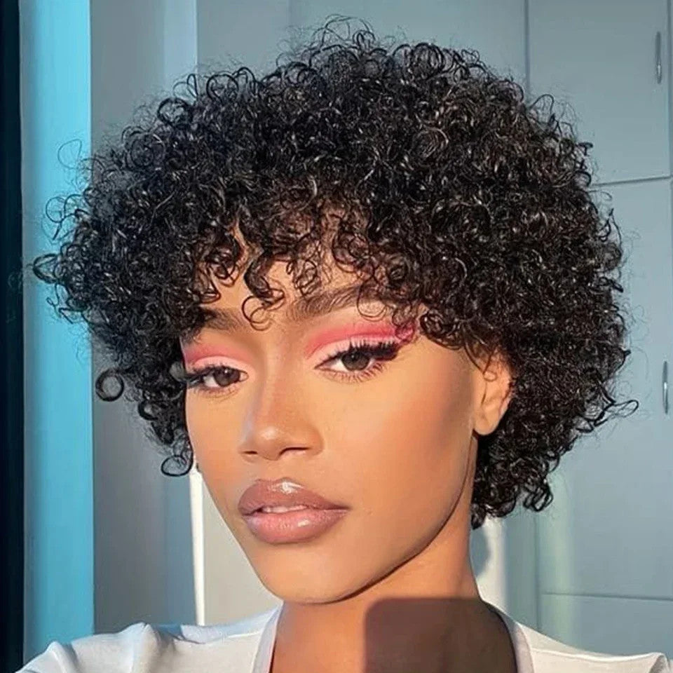 Brazilian Afro Puff Pixie Bob Wig for Women - Natural Brown Human Hair