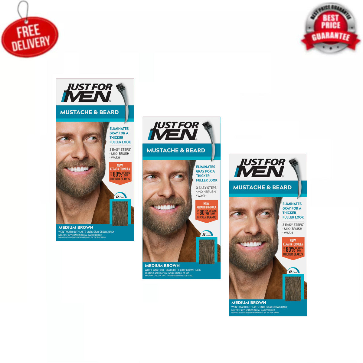 Beard & Mustache Coloring Kit for Gray Hair - Medium Brown 3 Pack
