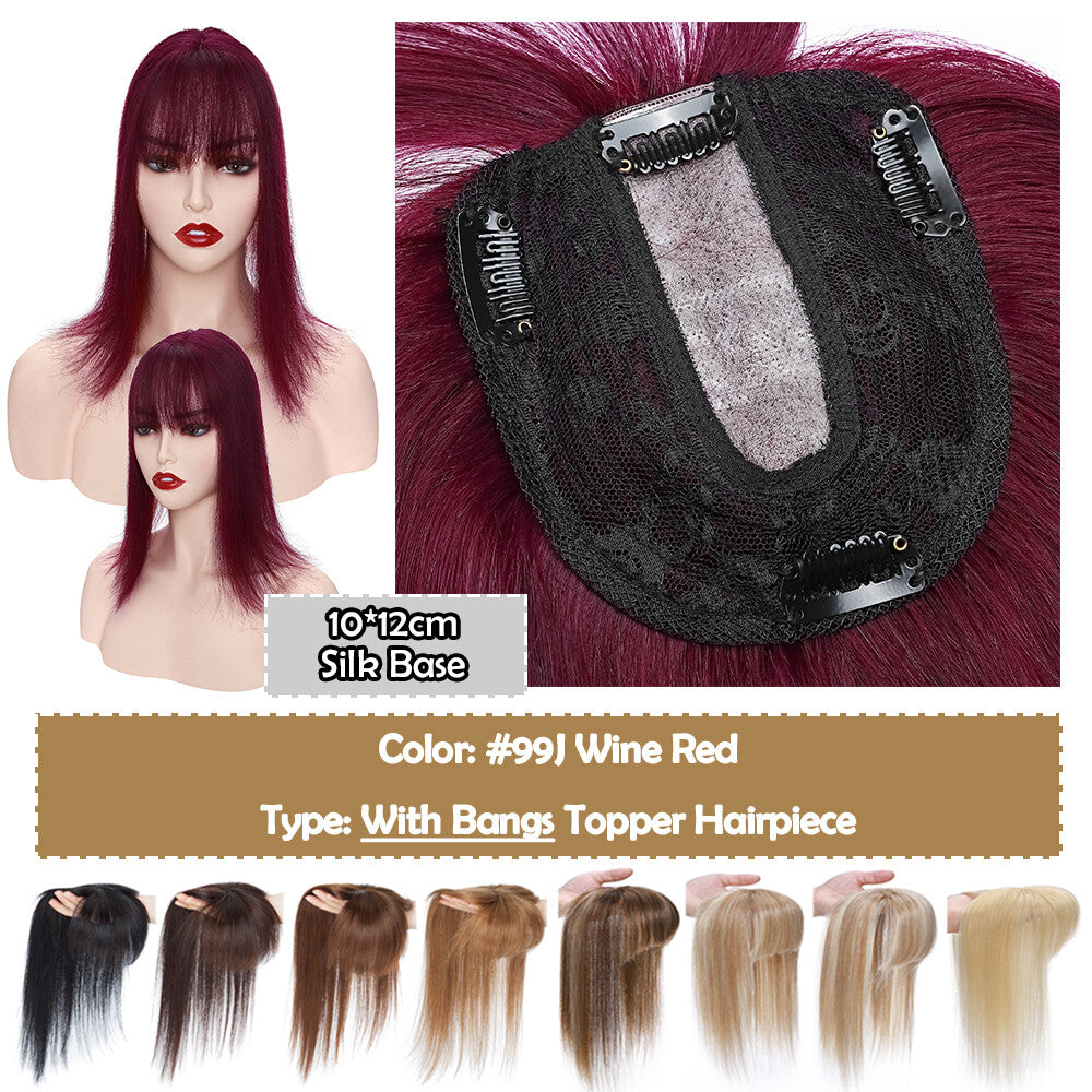Human Hair Topper with Bangs Clip-In Remy Hairpiece for Thinning Hair