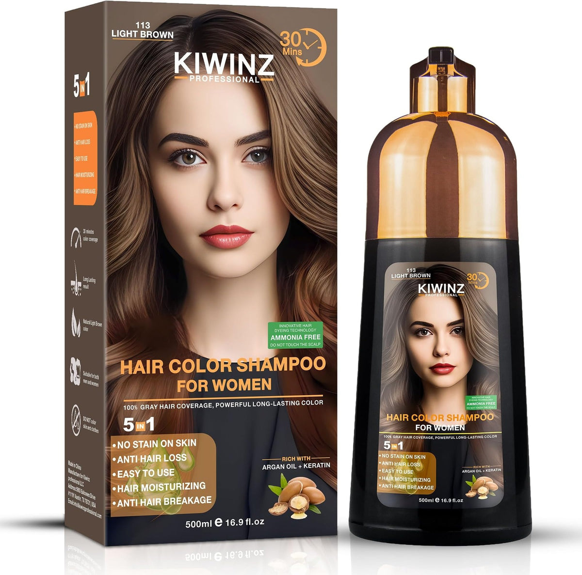 Professional Hair Color Shampoo 5 in 1 Grey Coverage Light Brown 500ml