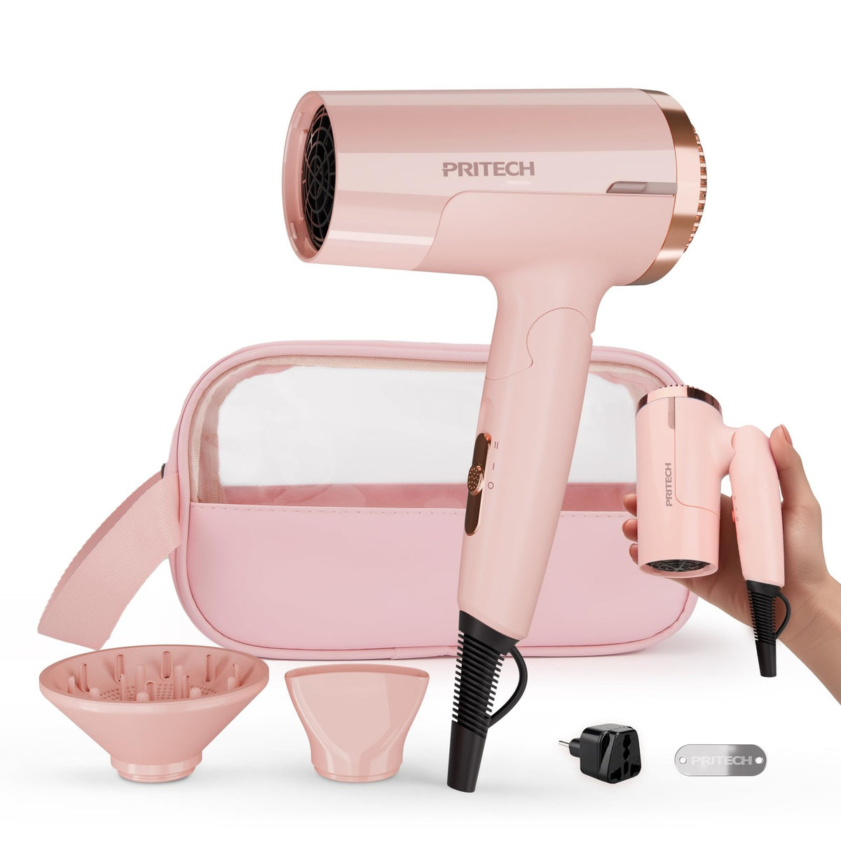 1250W Dual Voltage Foldable Travel Hair Dryer with Concentrator & Diffuser