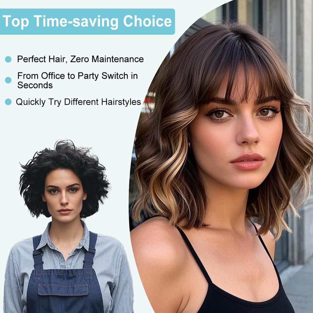 Blonde Highlight Bob Wig with Bangs for Women - Short Curly Wavy Synthetic Hair