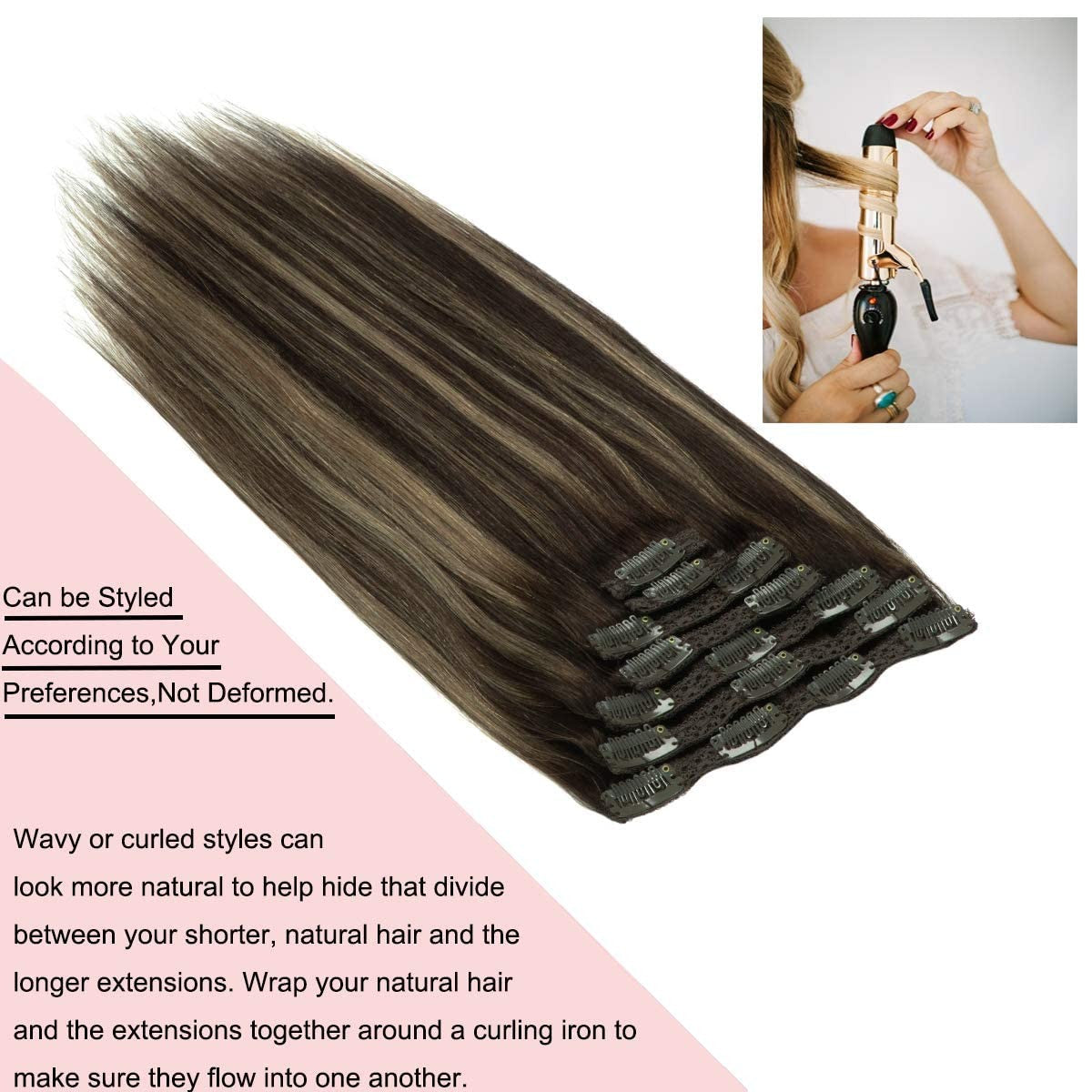 14-Inch Clip-In Hair Extensions - Human Hair Straight Chestnut Brown