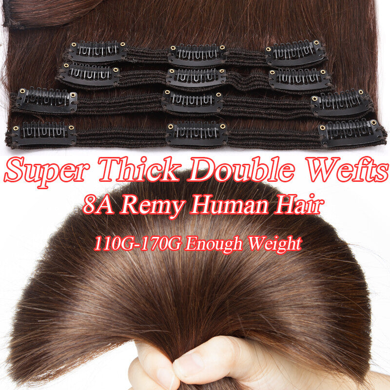 Thick Human Hair Clip-In Extensions Full Head Double Weft Remy Hair