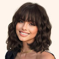Short Human Hair Wig with Bangs - Wavy Bob Style, Black Brown Highlights