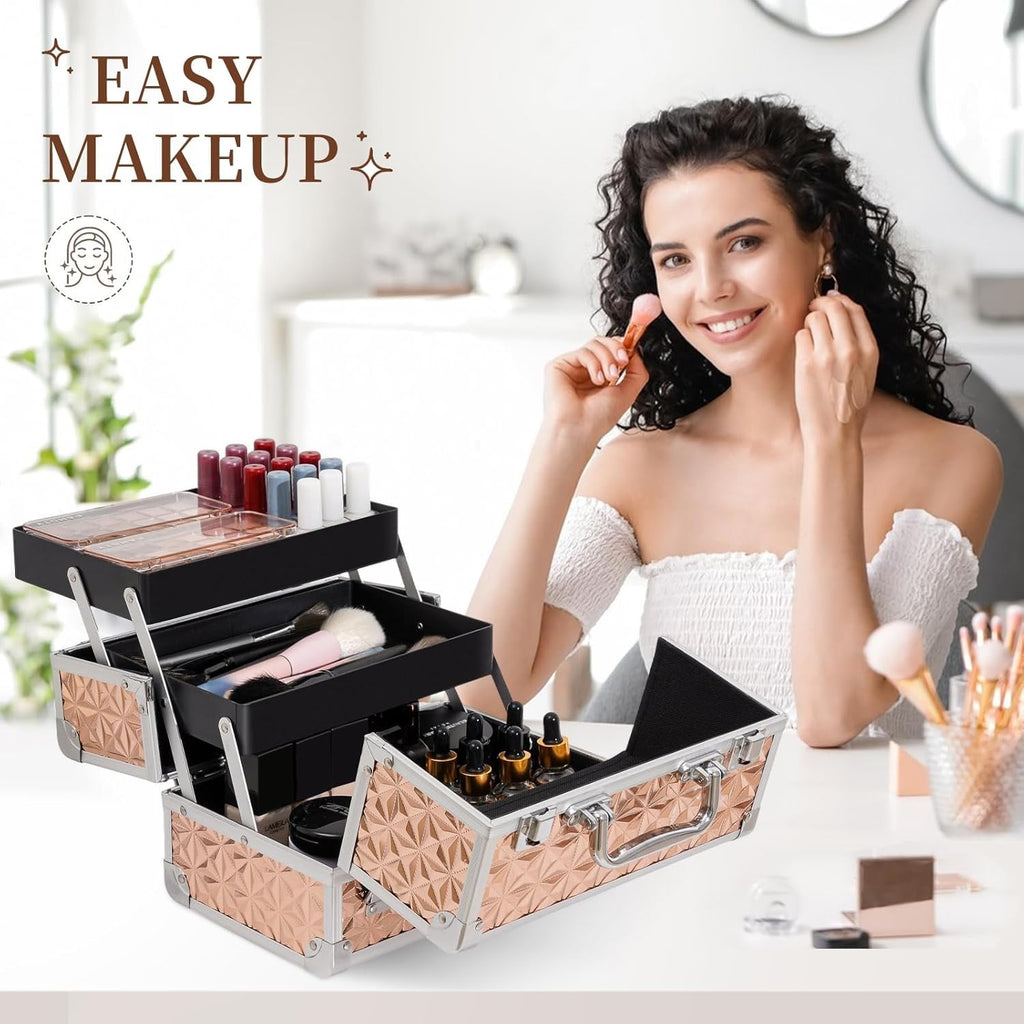 Portable Makeup Train Case with 2-Tier Organizer - Travel Cosmetic Storage