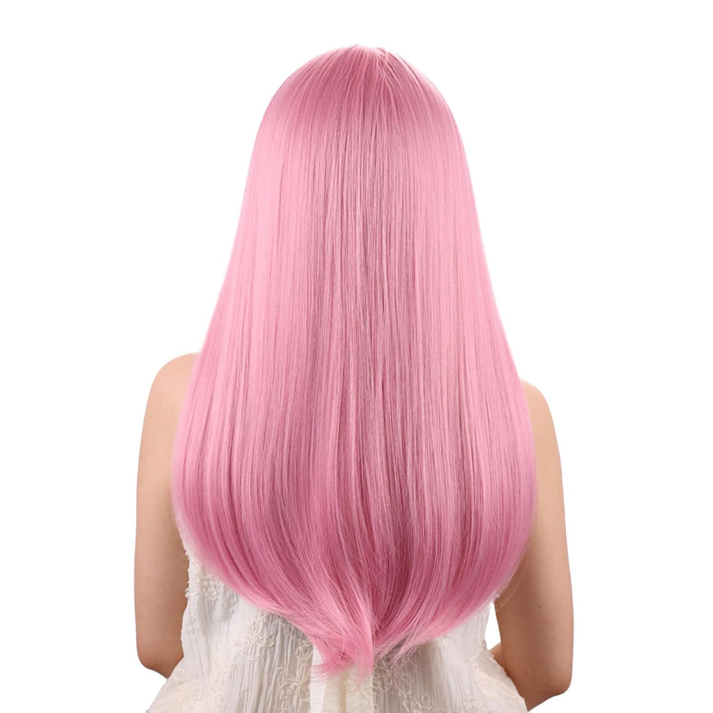 Pink Wig with Bangs - Long Straight 22 Inch Synthetic Hair for Women