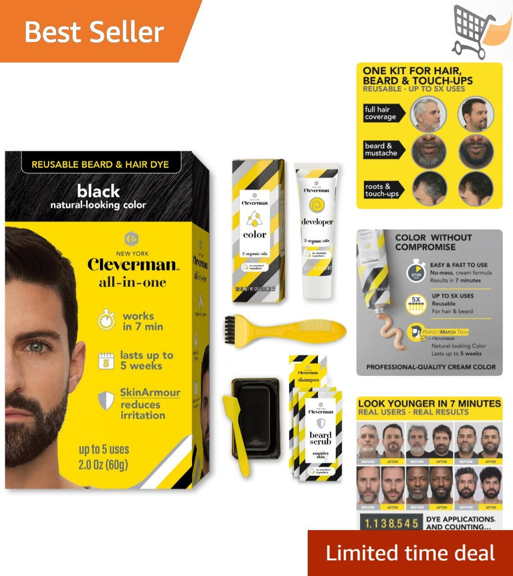 Reusable Hair & Beard Dye Kit for Men Black 1.0 Gray Coverage No-Drip Cream