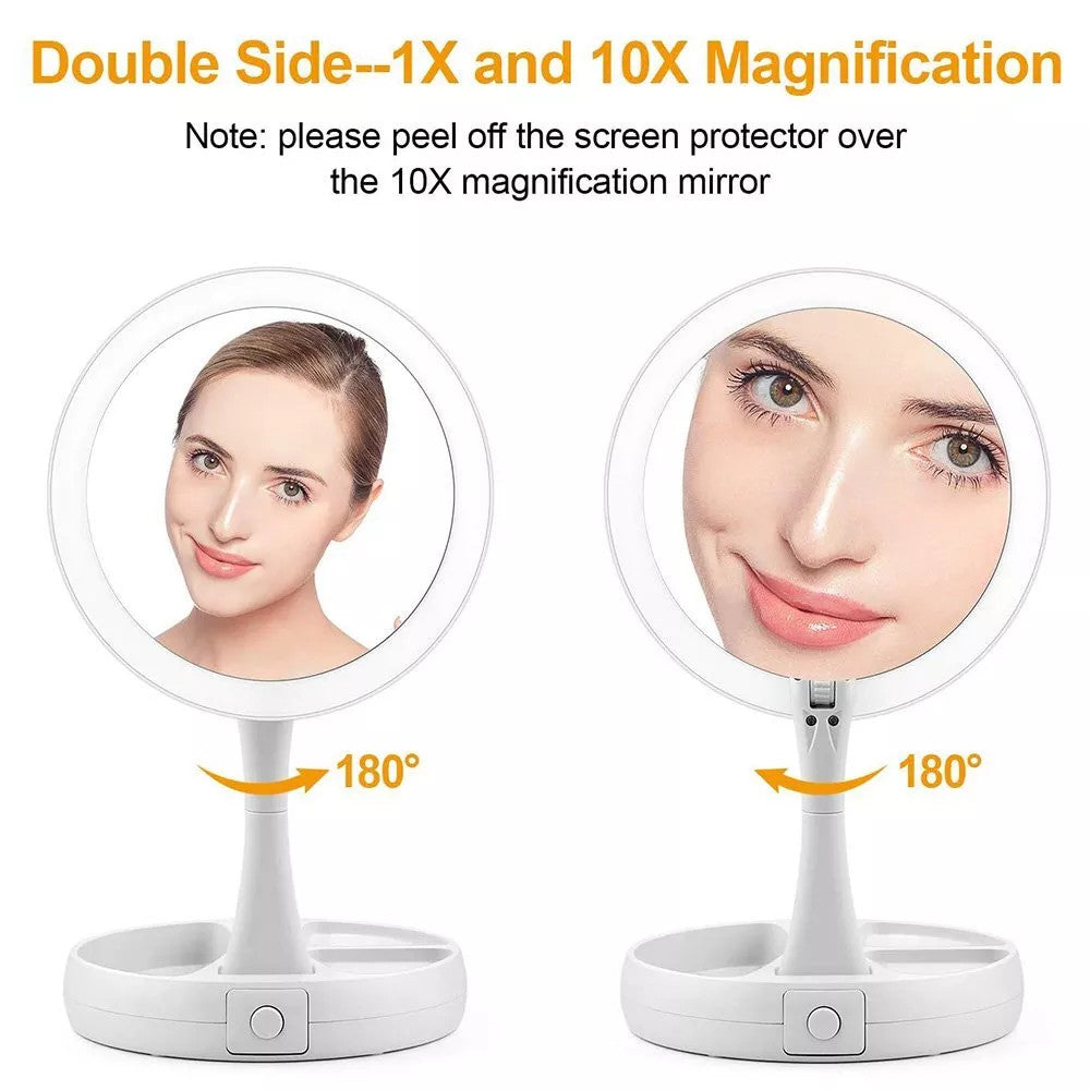 LED Lighted Vanity Mirror with 1X/10X Magnification Foldable Desk Makeup Mirror