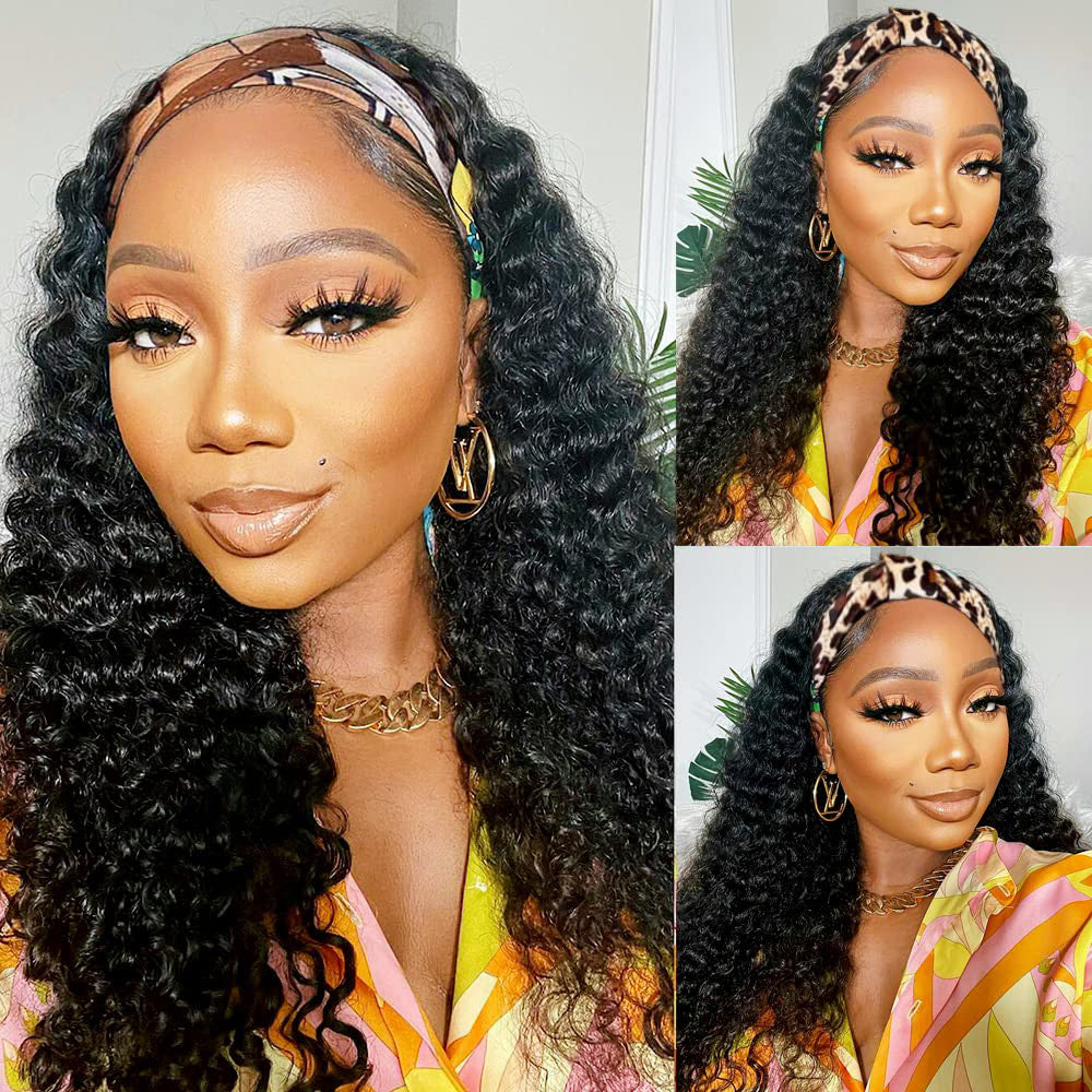Curly Human Hair Headband Wig 14 Inches Deep Wave Wigs for Women