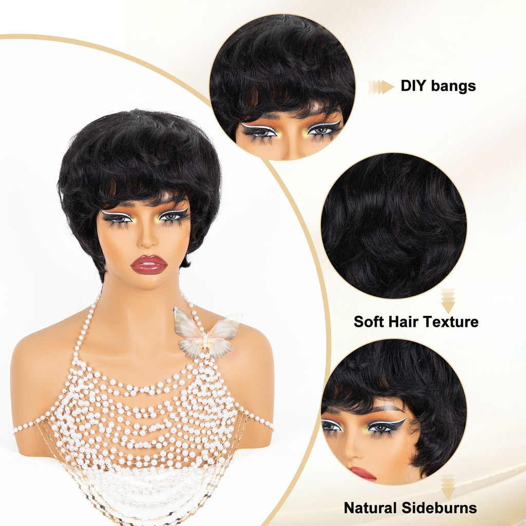 Short Layered Pixie Wig for Black Women - 100% Human Hair Wavy Style