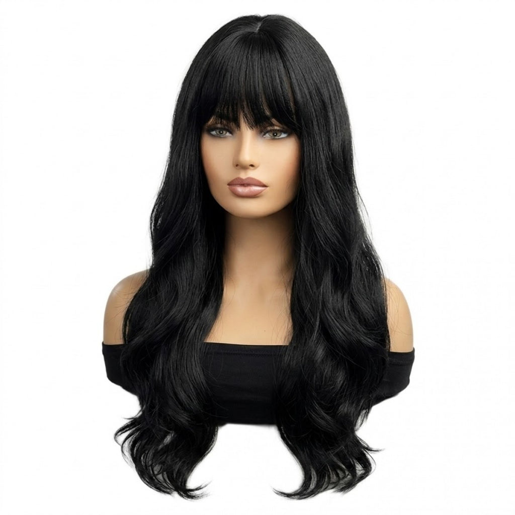 Long Wavy Synthetic Costume Wig with Bangs - Off Black, Heat Resistant, Soft & Natural Looking