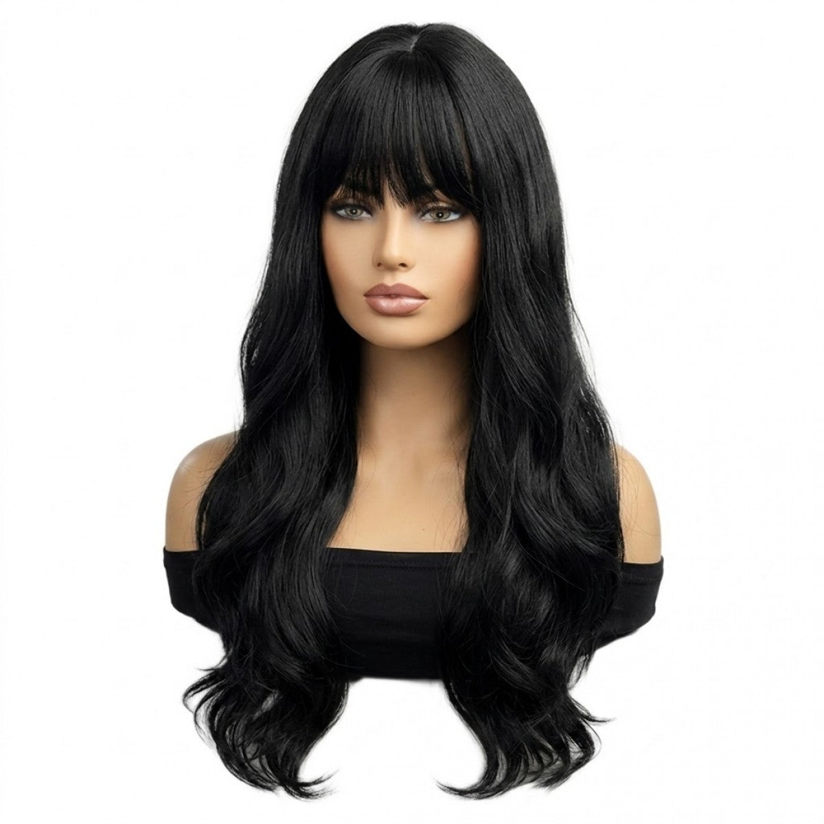 Long Wavy Synthetic Costume Wig with Bangs - Off Black, Heat Resistant, Soft & Natural Looking