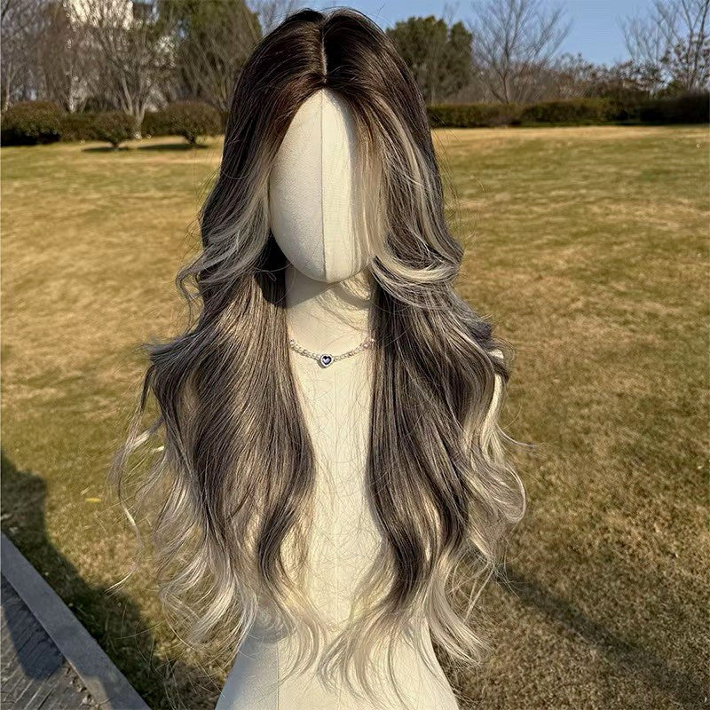 Lace Front 28-Inch Wig for Cosplay Halloween Party Dark Black Roots Gray White