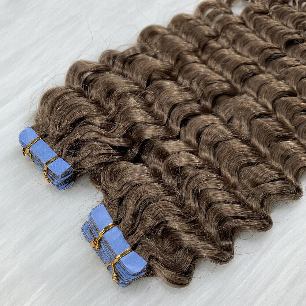 Remy Human Hair Extensions Seamless Tape-In Wefts 18 Inch Curly & Straight