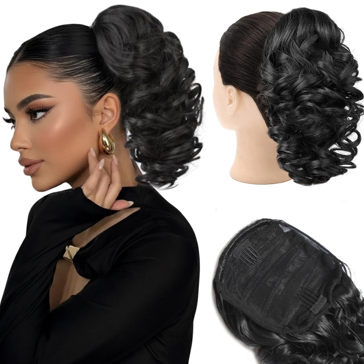 14-Inch Curly Synthetic Ponytail Extension with Drawstring and Clips - Black