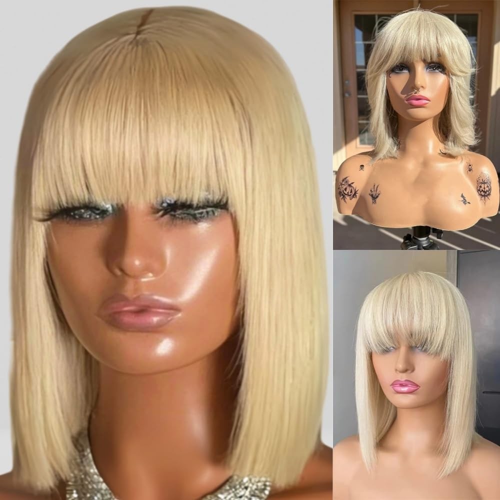 12-Inch Short Black Straight Wig with Bangs for Women - High Temp Fiber