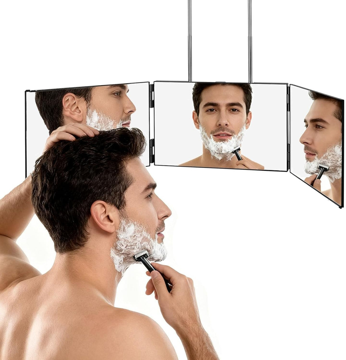 360 Degree Self Hair Cutting Mirror with Tri-Fold Design and Adjustable Hooks