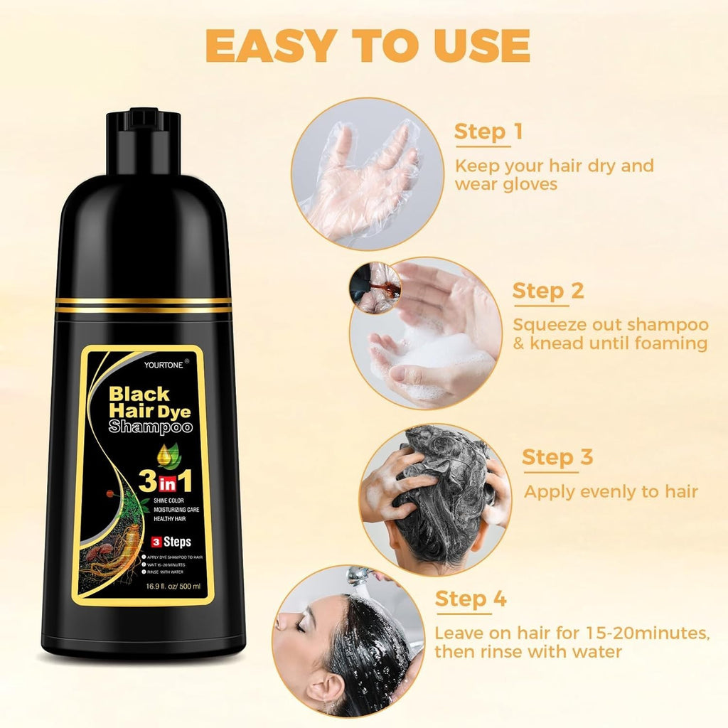 Black Hair Dye Shampoo 3-in-1 for Gray Coverage, Hair Color & Conditioner