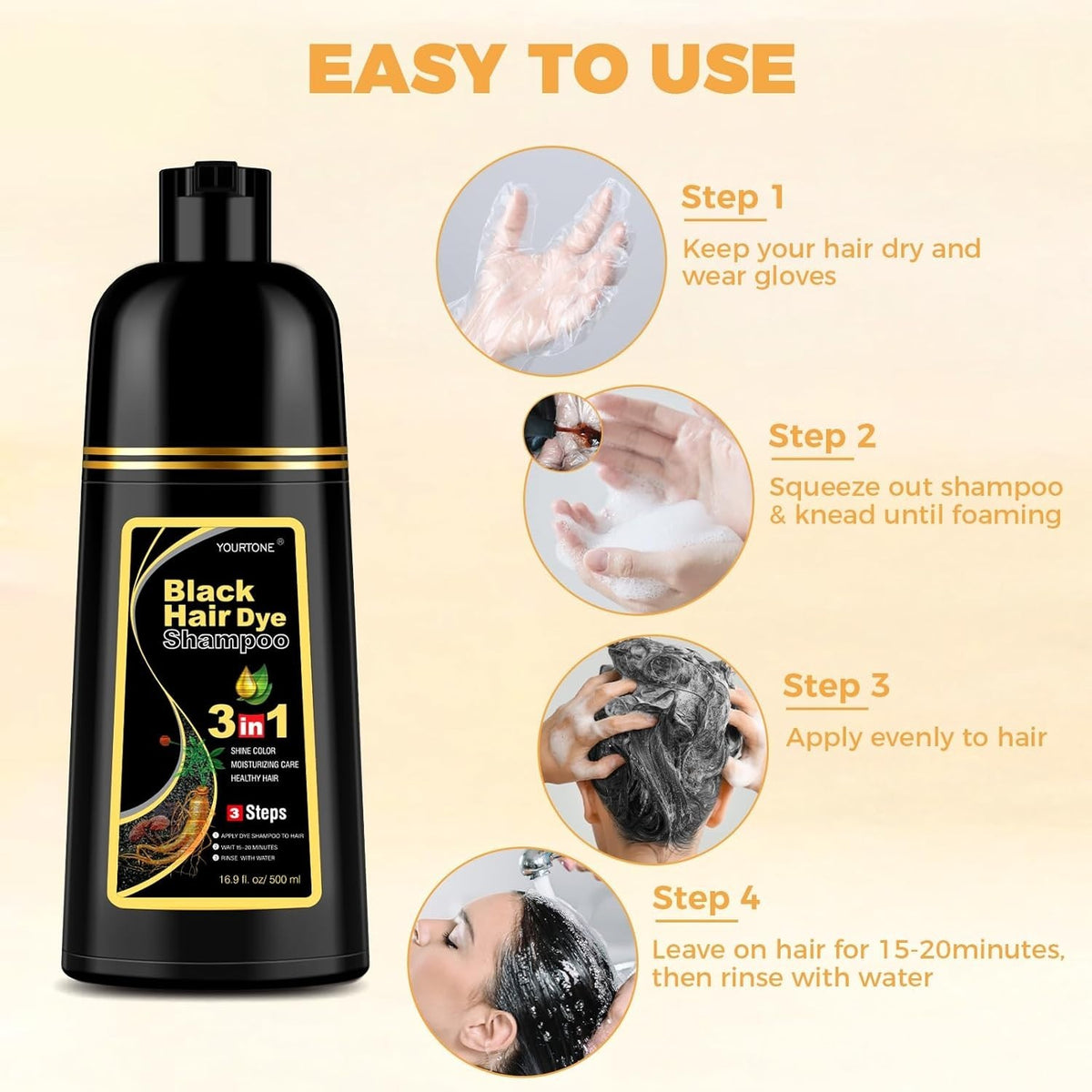 Black Hair Dye Shampoo 3-in-1 for Gray Coverage, Hair Color & Conditioner