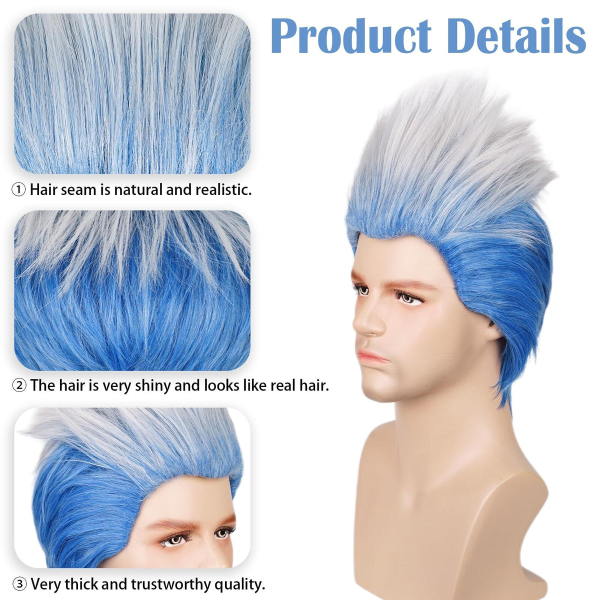 Short Curly Ombre Blue and White Cosplay Wig for Men Halloween
