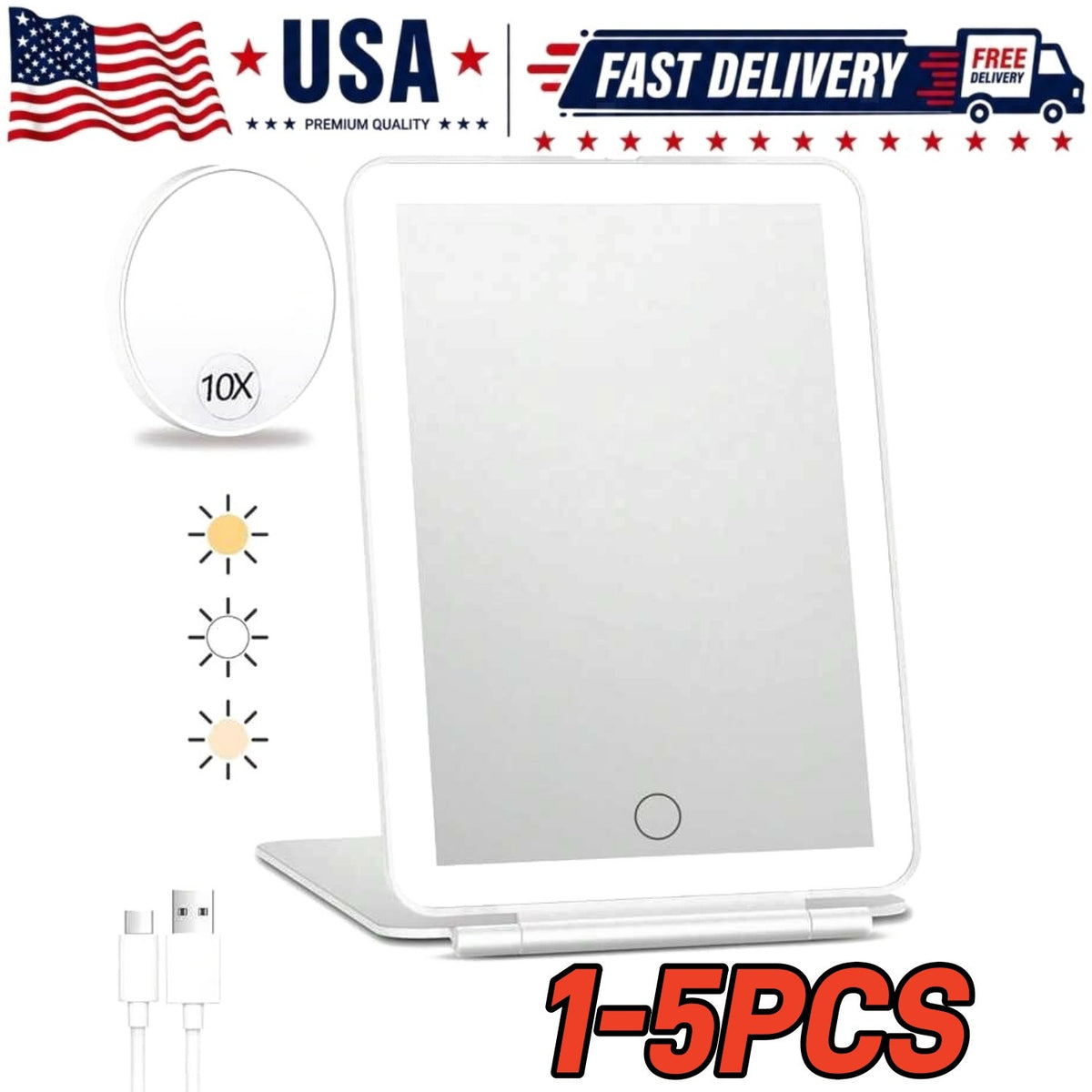 Rechargeable Travel Makeup Mirror with Lights, 10x Magnifier, 72 LEDs, 3 Color Modes
