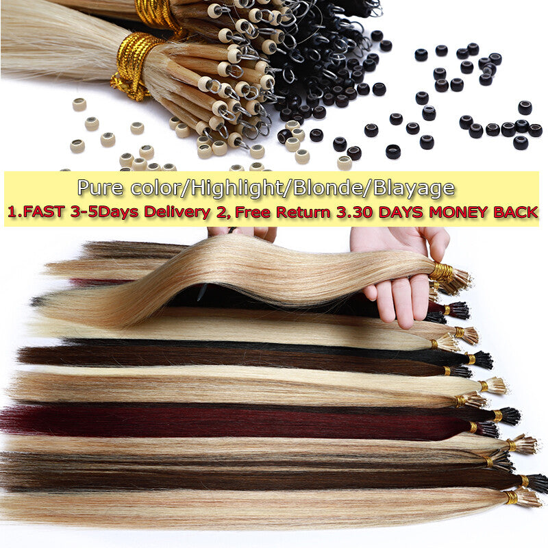 Thick 150PCS Remy Human Hair Extensions Nano Ring Beads Micro Loop 14-24 Inch