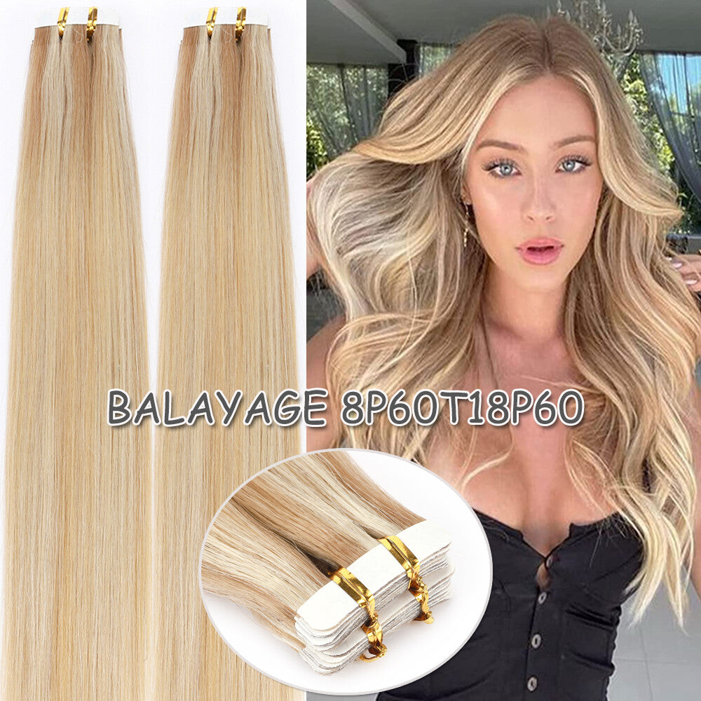 60PCS Tape-In Human Hair Extensions Skin Weft Straight 150g - Thick & Natural