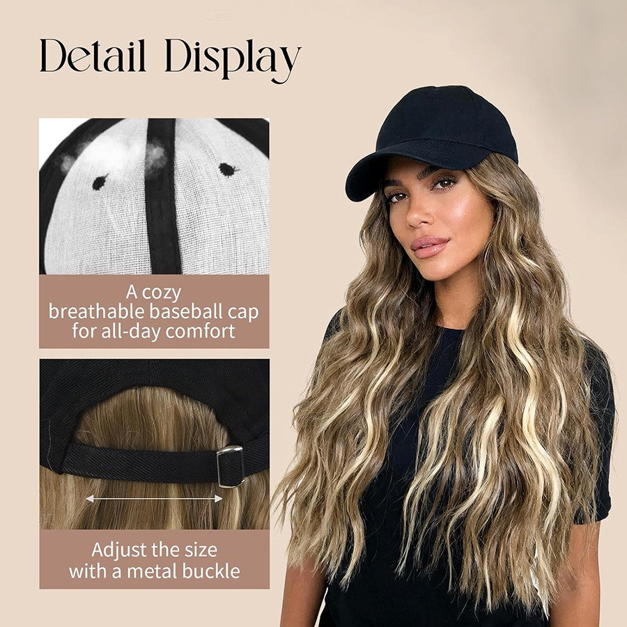16-Inch Long Curly Cap Wig with Adjustable Baseball Hat and Attached Hair