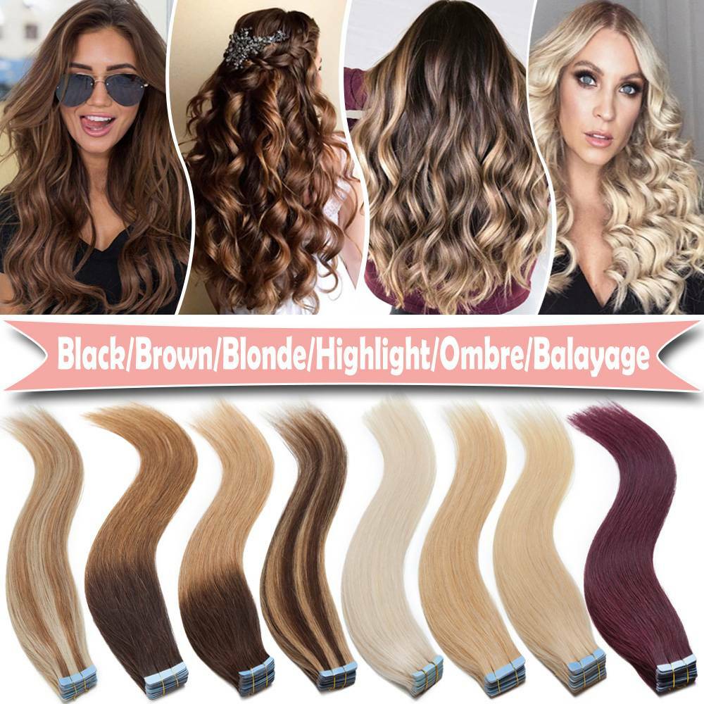 Indian Tape-In Human Hair Extensions Full Head Skin Weft 60pcs - Mix Colors & Lengths