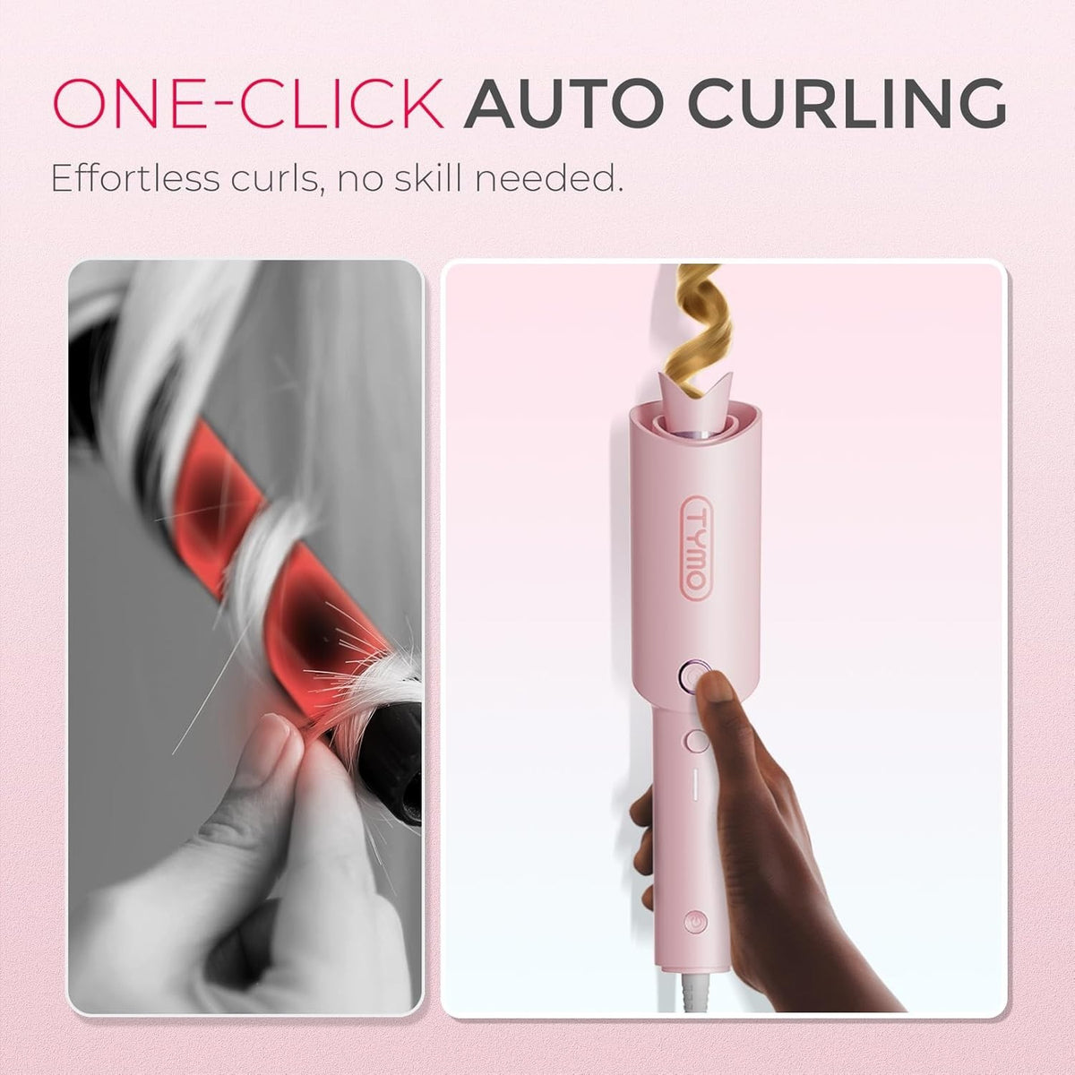 1-Inch Tourmaline Ceramic Curling Iron with Anti-Scald Safety - Pink Finish