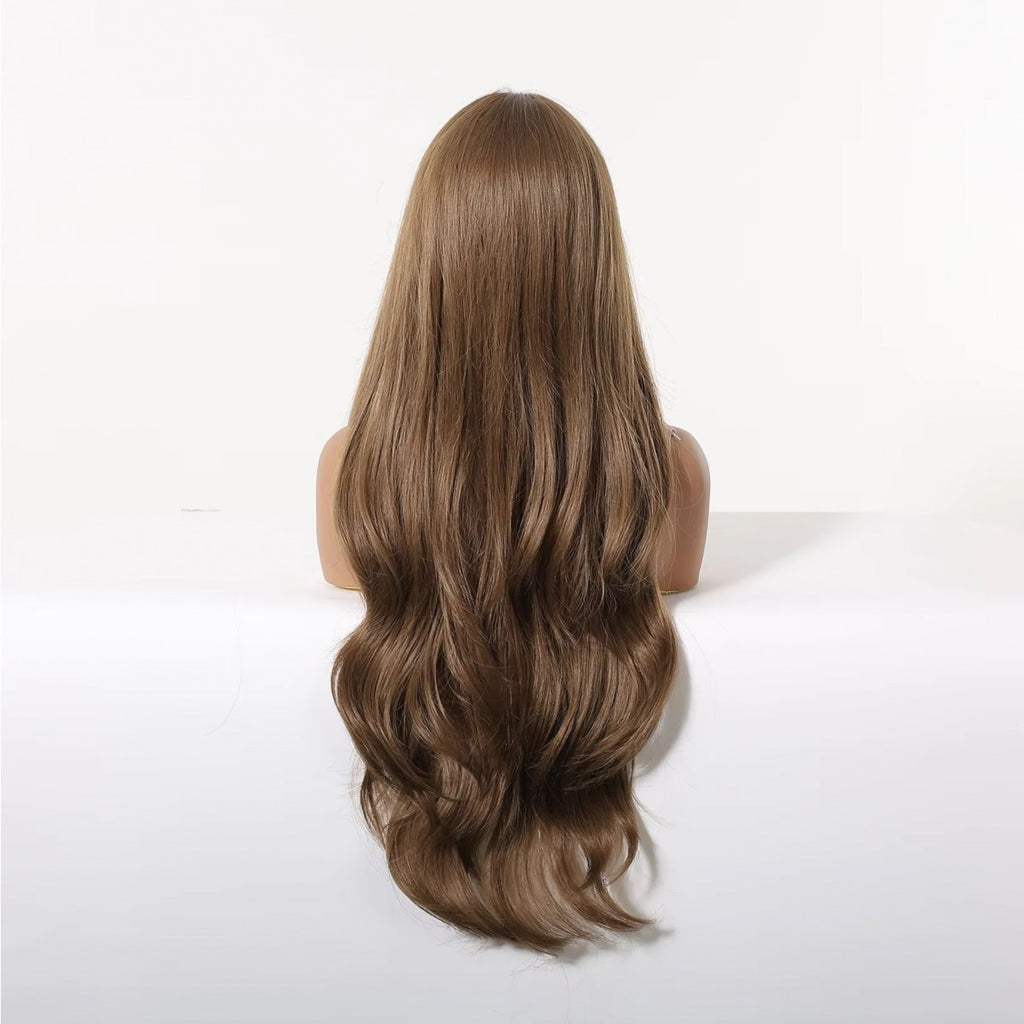 Long Wavy Cosplay Wig with Bangs Synthetic Hair for Women Brown