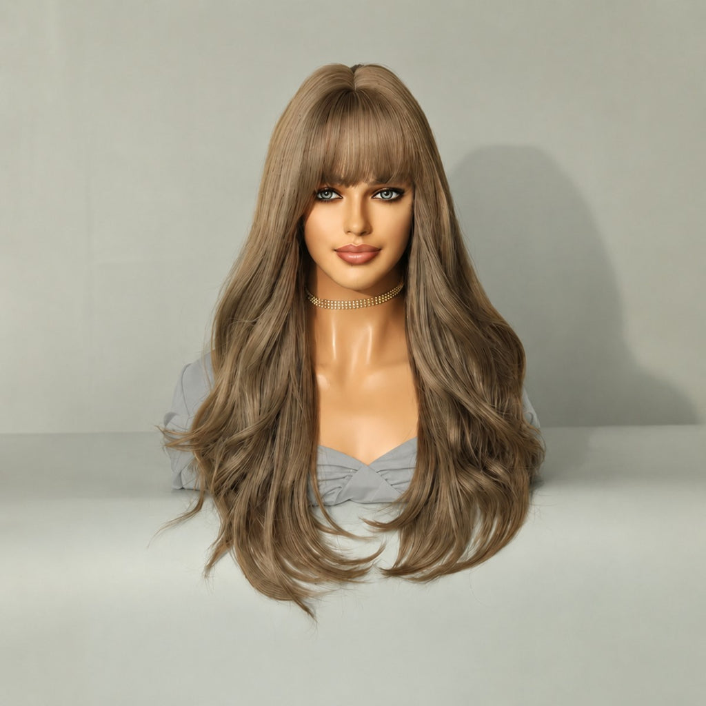 Long Wavy Brown Synthetic Cosplay Wig with Bangs - Heat Resistant Hair