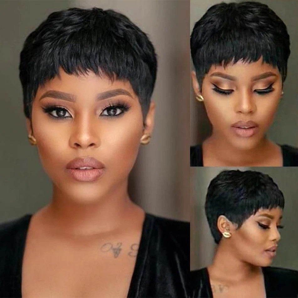 Short Bob Human Hair Wig with Bangs - 6 Inch Straight Pixie Style, Natural Color