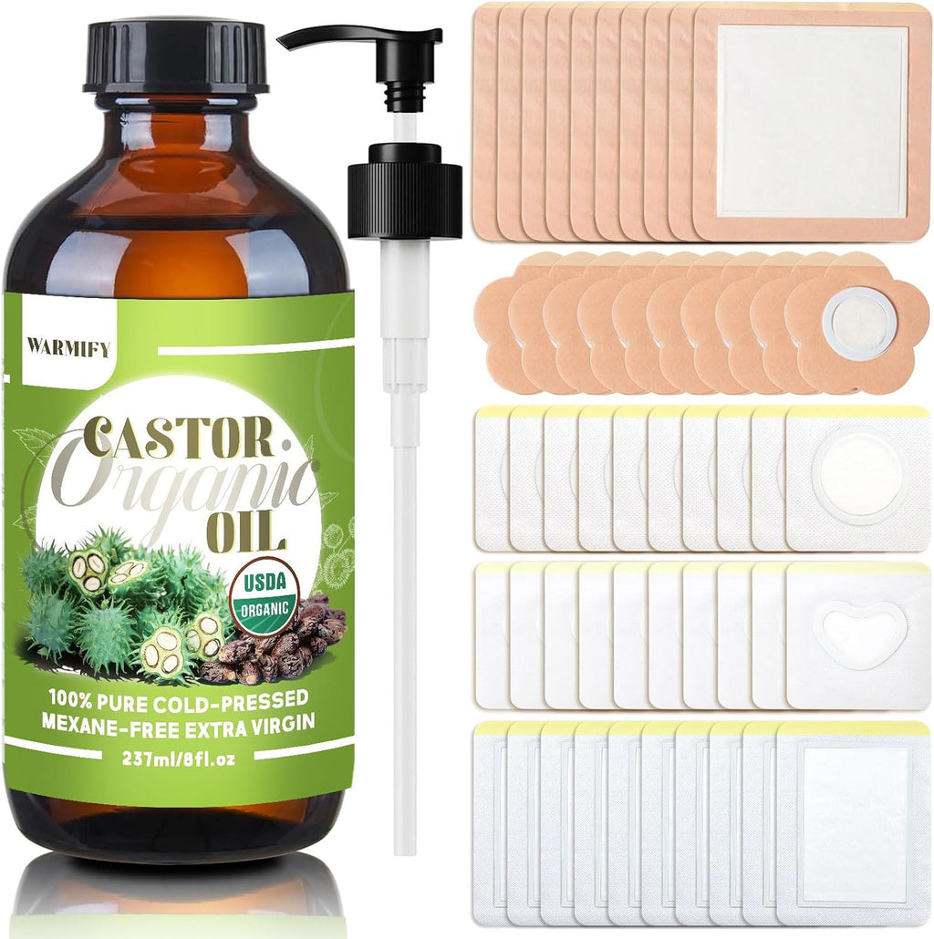 Castor Oil Patches Kit with Organic Cold-Pressed Castor Oil - Multiple Sizes