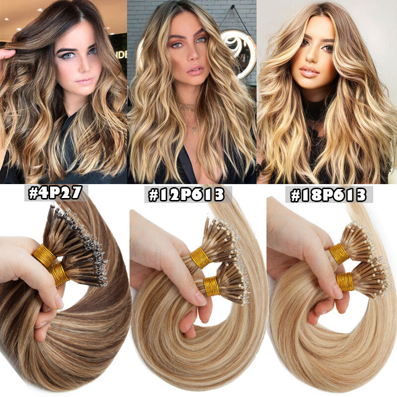 Remy Human Hair Extensions Nano Ring Bead Loop Micro Tips Thick 16-22 Inch