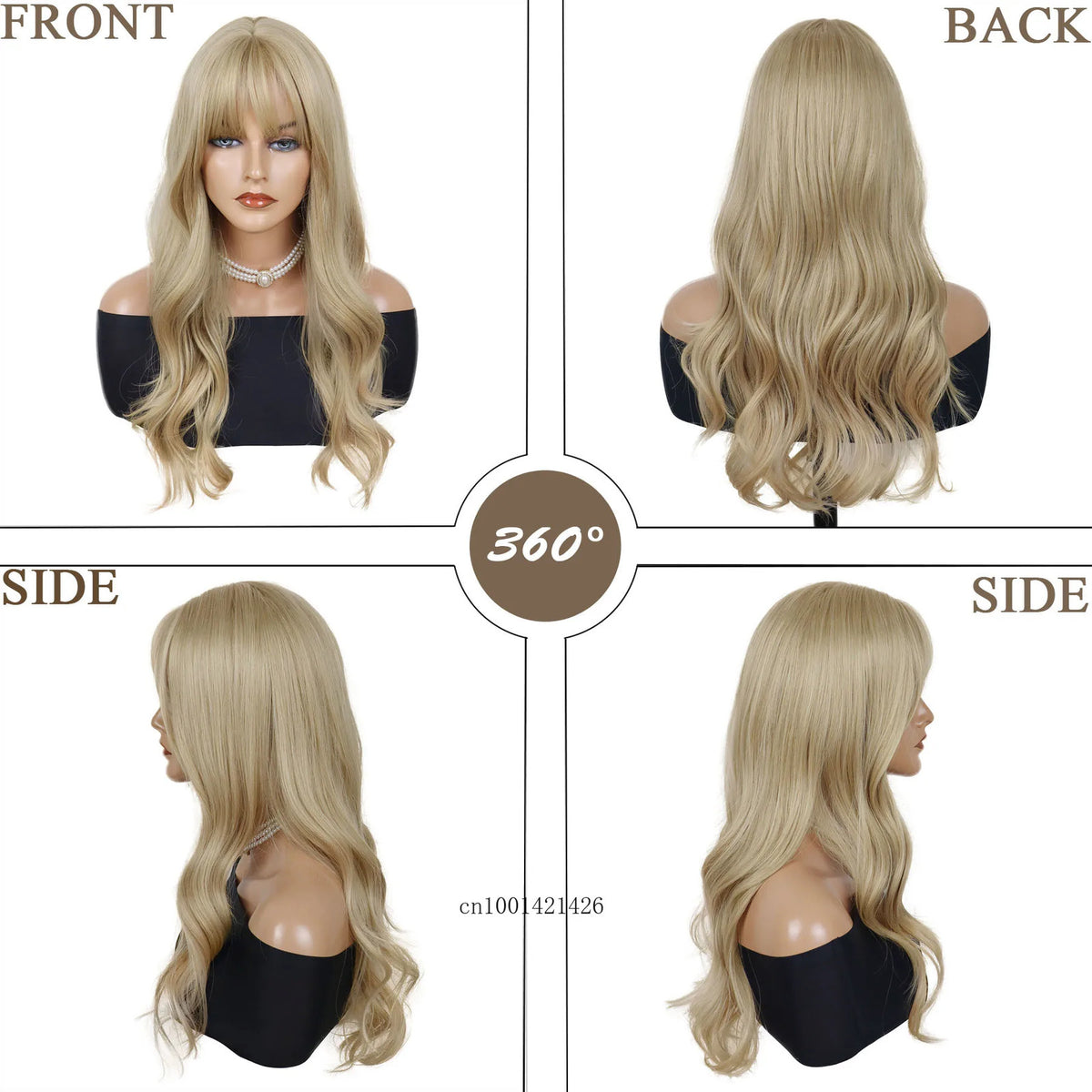 Light Blonde Wavy Cosplay Wig with Bangs for Halloween Synthetic Hair