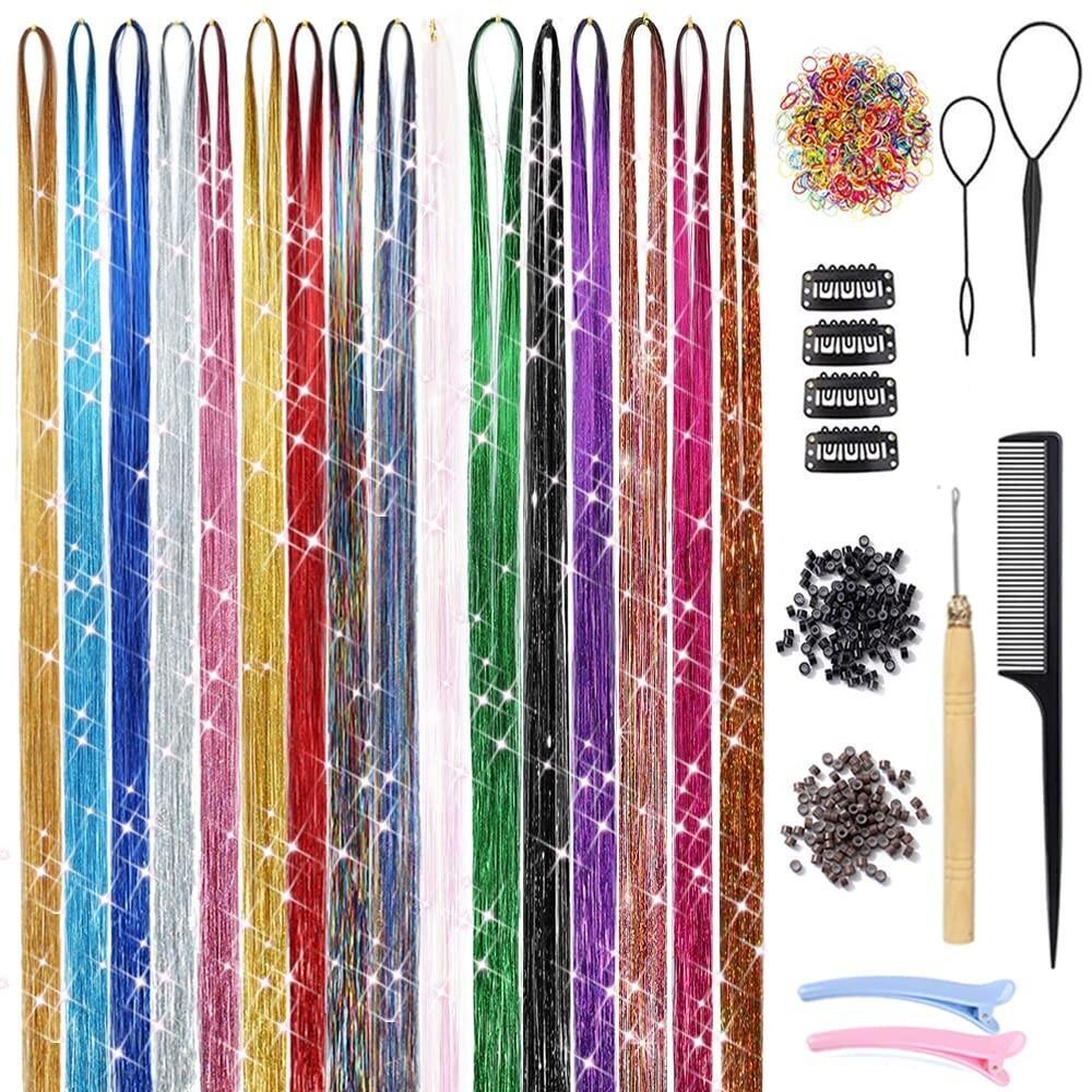 16-Color Hair Tinsel Kit with Tools - Glitter Hair Extensions & Accessories