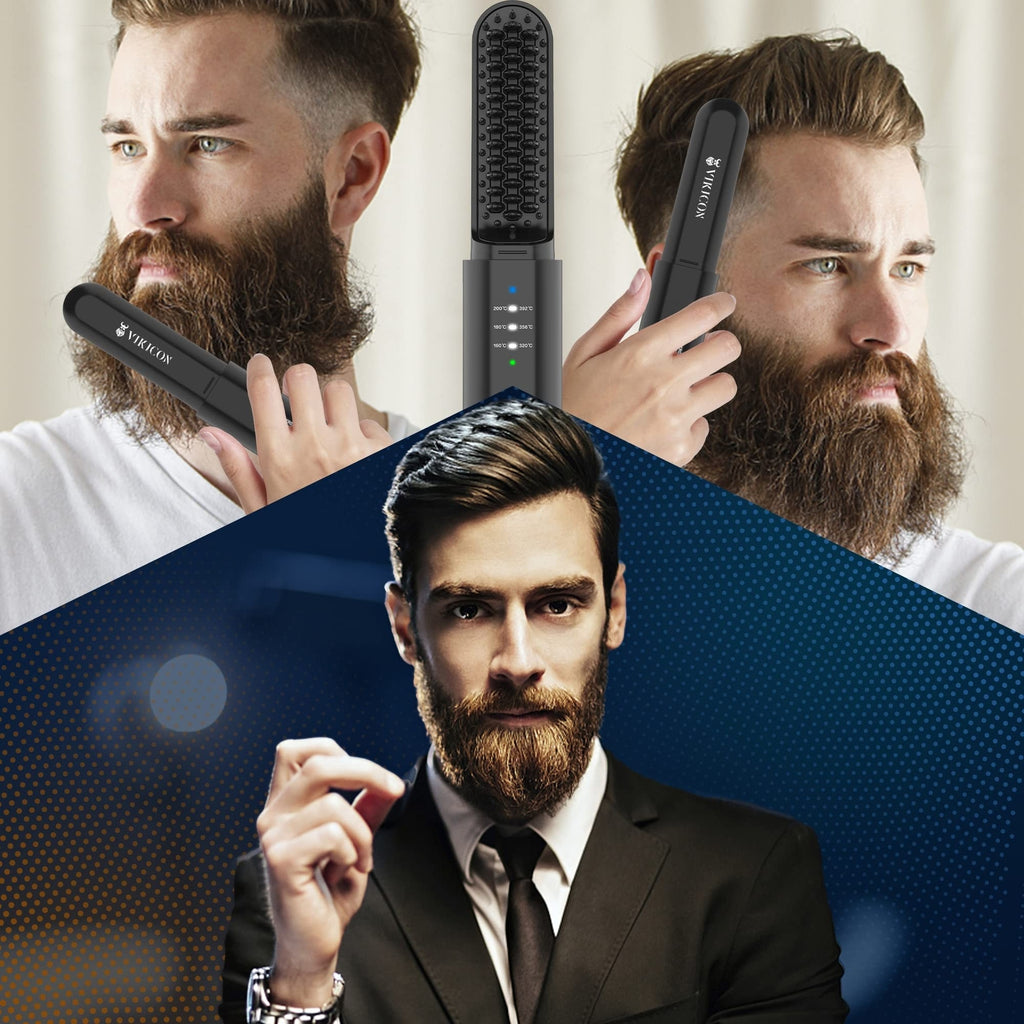 Cordless Beard & Hair Straightening Brush for Men - Travel-Friendly Hot Comb