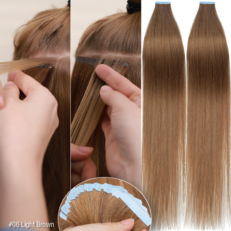 Remy Human Hair Extensions Skin Weft Tape-In Full Head Set - Brown & Black Shades