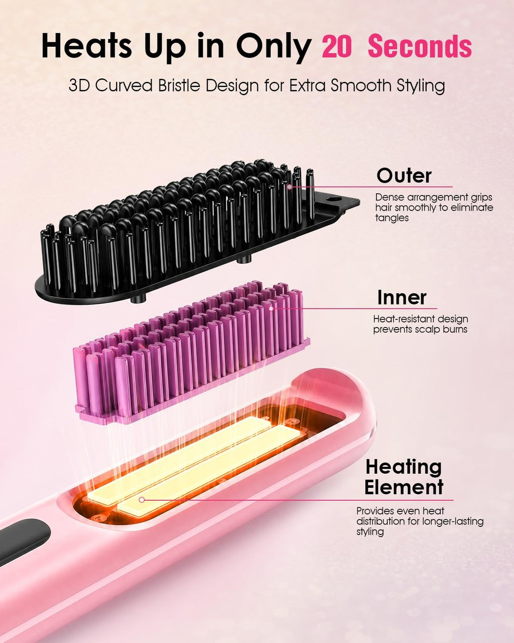 Cordless Ionic Hair Straightener Brush with 3D High-Density Teeth & Digital Temp Control