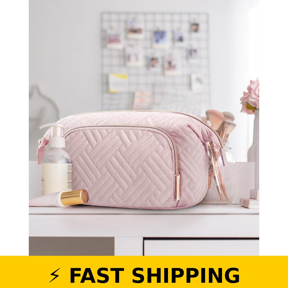 Travel Makeup Bag - Wide-Open Organizer Case in Pink, 7.8x4.7x3.5 in