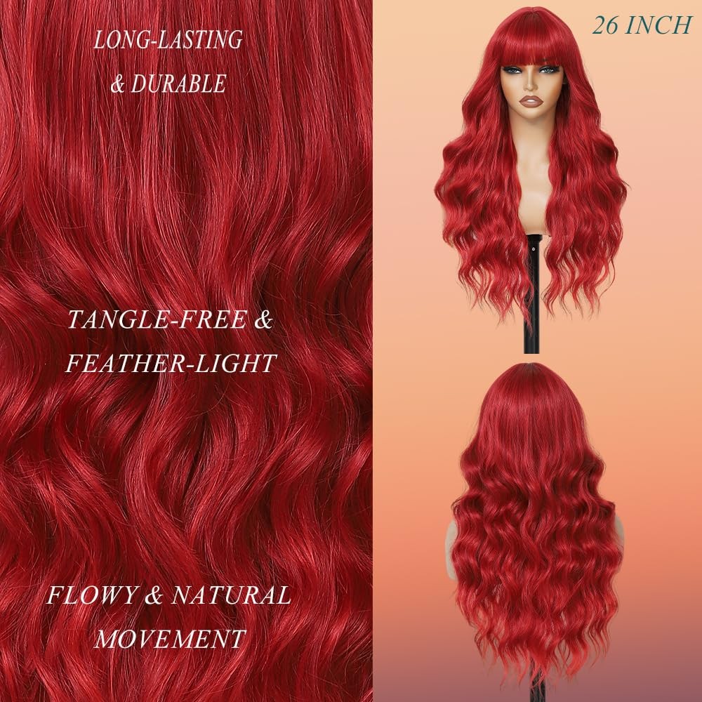 Long Red Wavy Curly Wig with Bangs - 26 Inch Synthetic Hair for Women