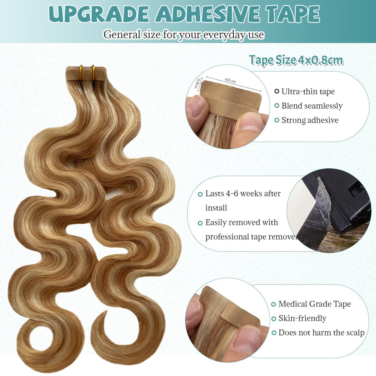 Human Hair Tape-In Extensions 18 Inch Curly Honey Blonde 20pcs