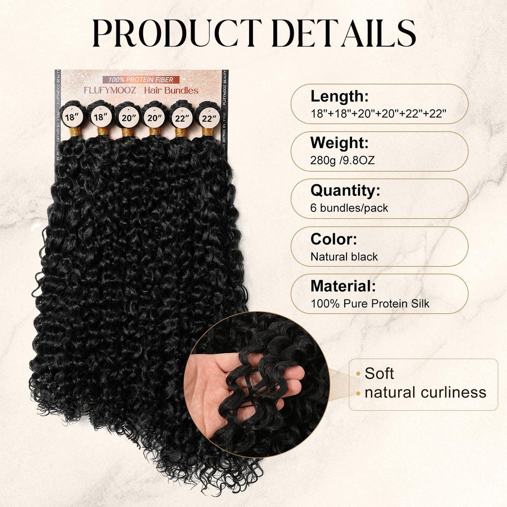 Kinky Synthetic Hair Weave Bundles - Natural Black, 18-22 Inch, Pack of 6
