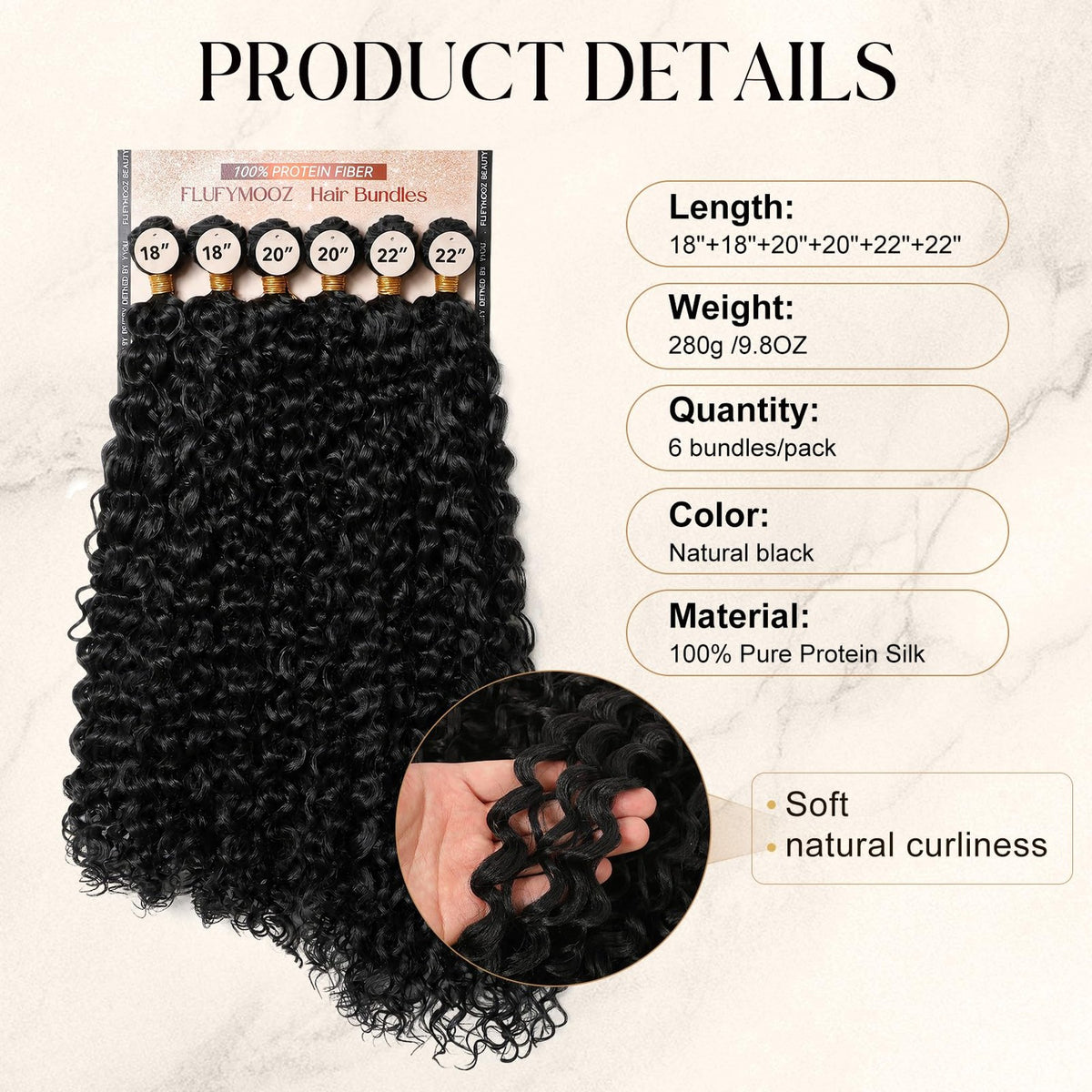 Kinky Synthetic Hair Weave Bundles - Natural Black, 18-22 Inch, Pack of 6