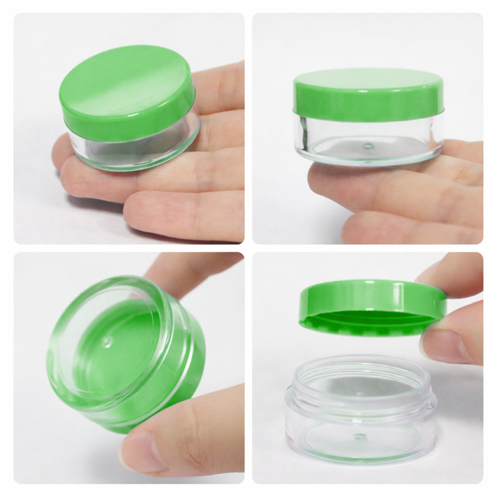 20pcs 10G Cosmetic Sample Jars with Green Lids - Clear Plastic Reusable Containers